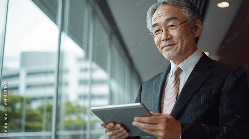 Japanese professional looking at a tablet in the office Japanese professional looking at a tablet in the office