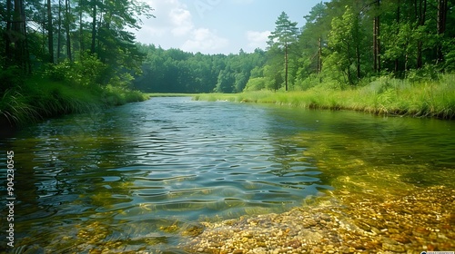 A serene river flows through a lush, green forest with clear water and a pebble-filled shore, ideal for eco-friendly campaigns, travel articles, and nature-related content,