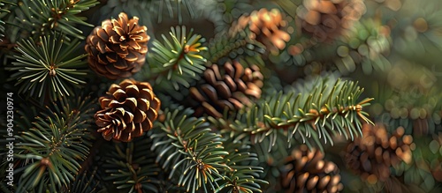 Close up view of spruce branches with cones suitable for use as a copy space image