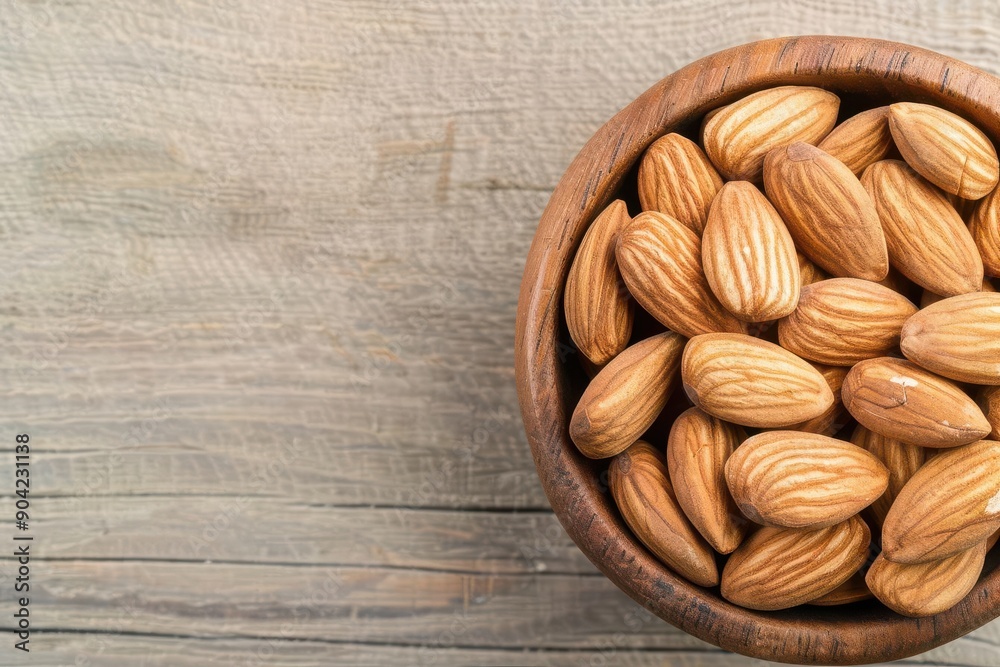 A close-up view of delicious almonds in a wooden bowl, perfect for healthy snacking or as an ingredient in recipes. A close-up view of delicious almonds in a wooden bowl, perfect for healthy snacking or as an ingredient in recipes.