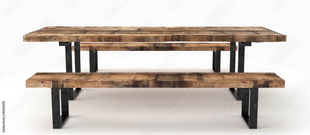 Explore the fusion of industrial and rustic elements in this dining table set featuring metal legs and a wooden tabletop Complete with a coordinating bench for a chic setting with copy space image Explore the fusion of industrial and rustic elements in this dining table set featuring metal legs and a wooden tabletop Complete with a coordinating bench for a chic setting with copy space image