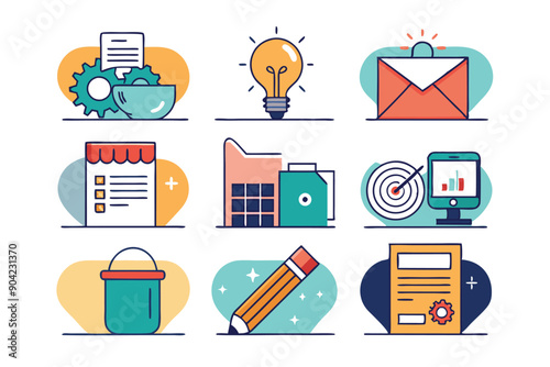Nine Colorful Icons Depicting Business Processes and Ideas