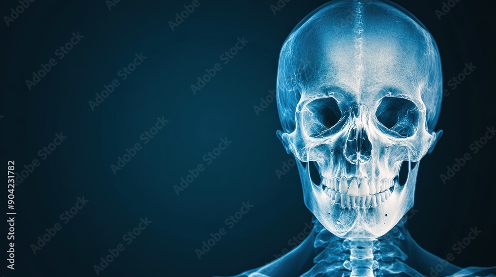 A skull is shown in a blue background. The skull is in a 3D format and he is a skeleton A skull is shown in a blue background. The skull is in a 3D format and he is a skeleton
