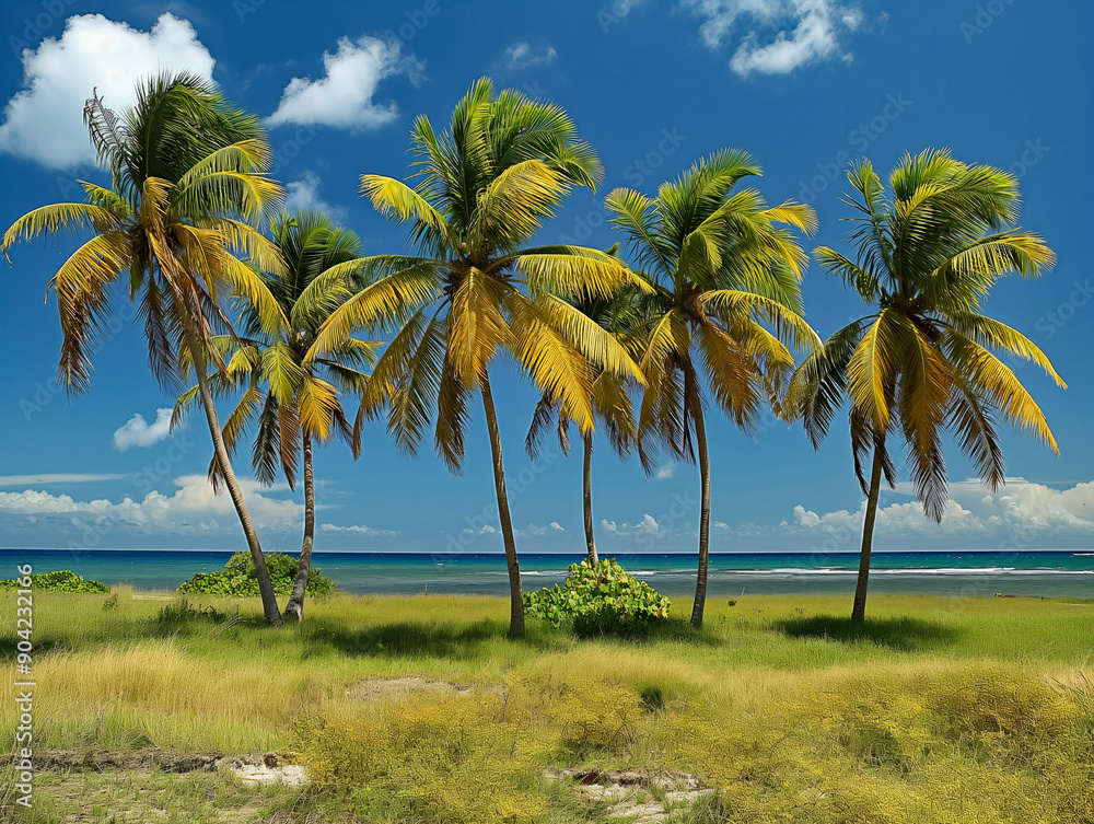 A cluster of palm trees sways gently in a tropical breeze, set against a backdrop of a clear blue sky and a calm ocean The foreground features lush green grass and small shrubs A cluster of palm trees sways gently in a tropical breeze, set against a backdrop of a clear blue sky and a calm ocean The foreground features lush green grass and small shrubs