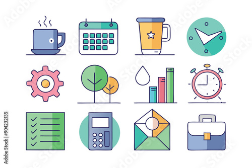 Colorful Hand-Drawn Line Icons of Business and Office Supplies