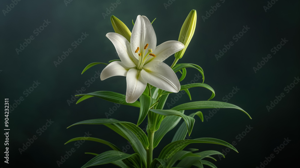 Elegant white lily with green leaves and buds, beautifully illuminated against a dark background, showcasing its purity and grace.