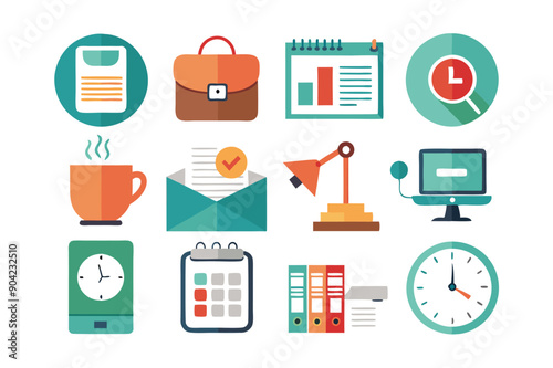 A Set of Flat Icons Depicting Various Office Supplies and Work-Related Concepts