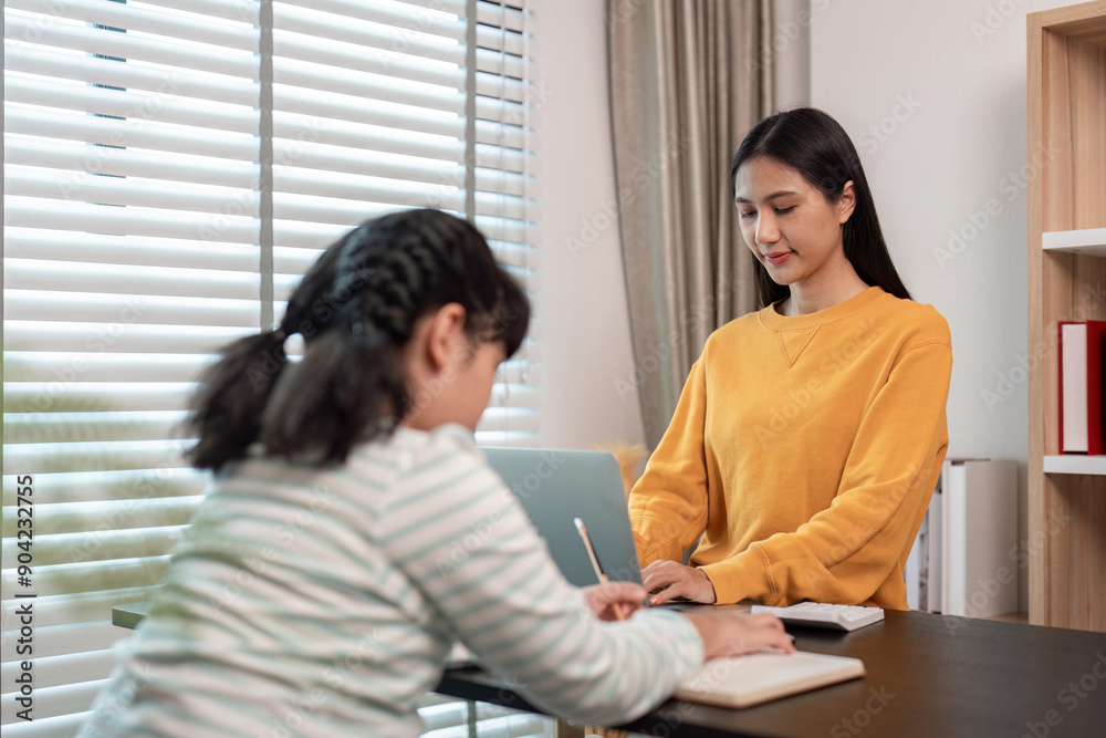 Mother and Child Working from Home Together in a Modern Home Office Setting with Natural Light Mother and Child Working from Home Together in a Modern Home Office Setting with Natural Light