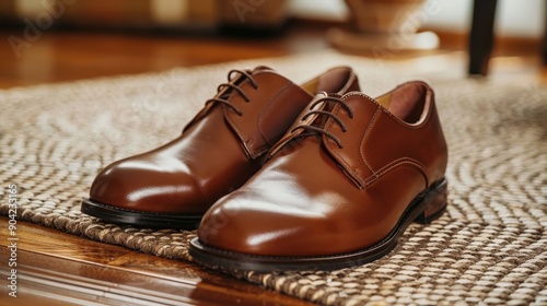 A pair of glossy brown leather dress shoes is positioned neatly on a textured rug, showcasing craftsmanship and attention to detail