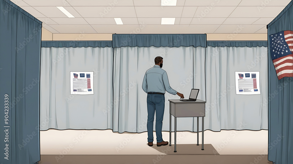 Rows of voting booths with privacy curtains lit up with bright lights ready for voters