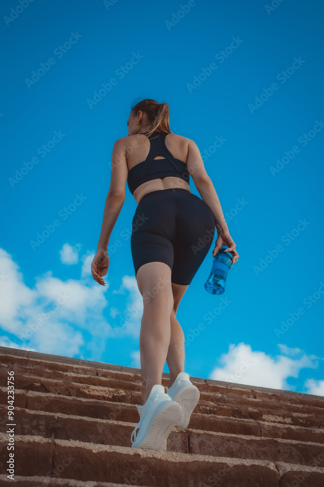 A young, athletic woman is captured from a low, rear angle as she ascends a flight of outdoor stairs. A young, athletic woman is captured from a low, rear angle as she ascends a flight of outdoor stairs.