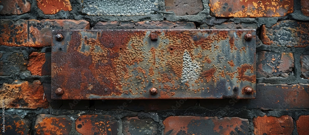An old rusted iron plate attached to the brick wall with a copy space image An old rusted iron plate attached to the brick wall with a copy space image