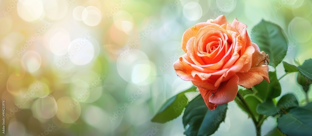 Horizontal close up image of a stunningly blooming rose in a botanical garden against a blurred green backdrop with ample copy space Horizontal close up image of a stunningly blooming rose in a botanical garden against a blurred green backdrop with ample copy space