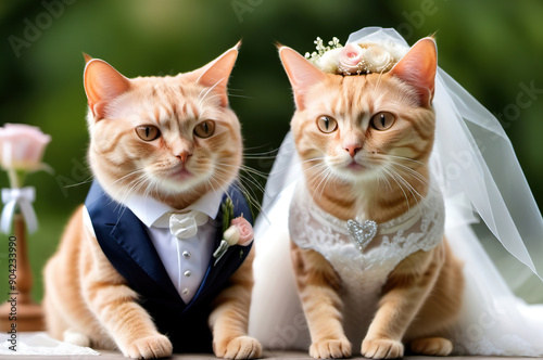 A pair of ginger cats - newlyweds at a wedding. Cats in wedding clothes. photo