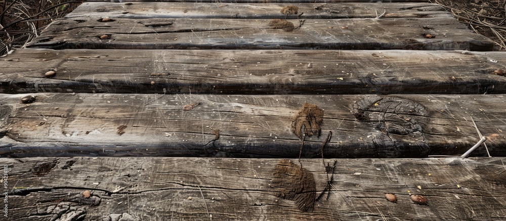 A weathered wooden path extends far ahead highlighting its rustic texture and embodying a rustic ambience with copy space image A weathered wooden path extends far ahead highlighting its rustic texture and embodying a rustic ambience with copy space image