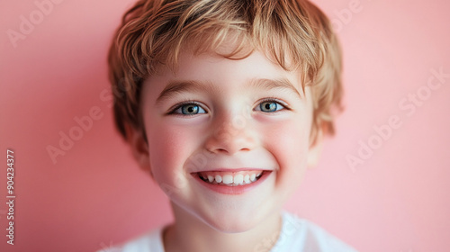 Grinning boy with a soft pink backdrop