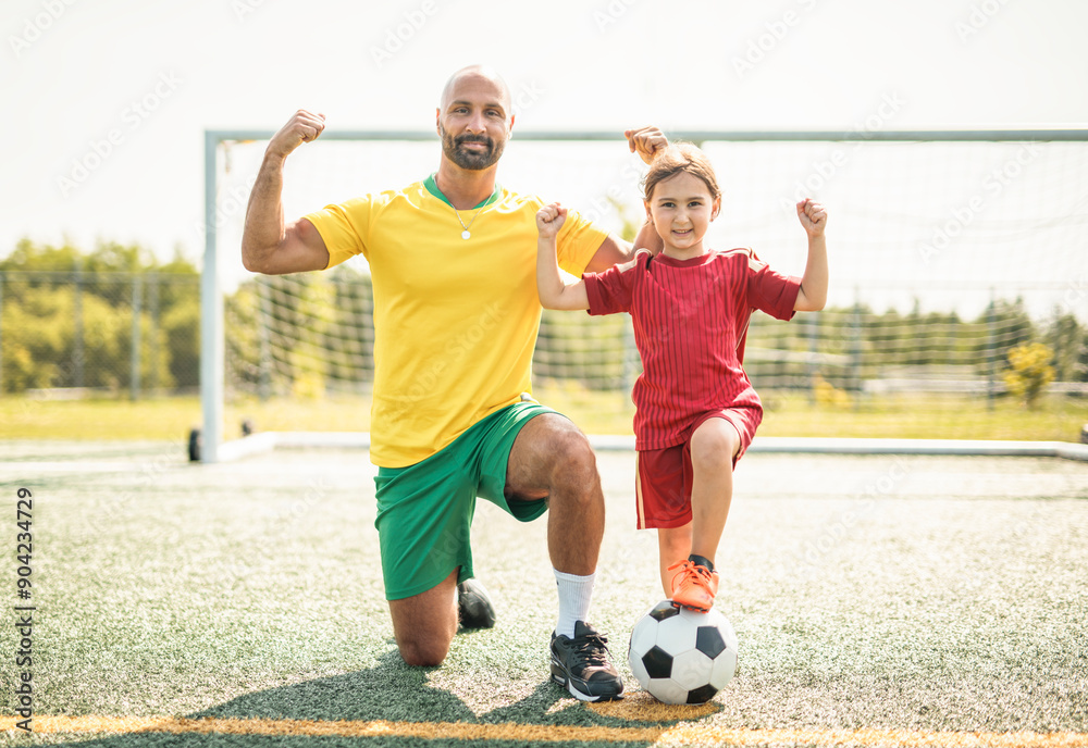 Obraz premium soccer, sport with a dad and daughter training on a court outside for leisure fitness and fun