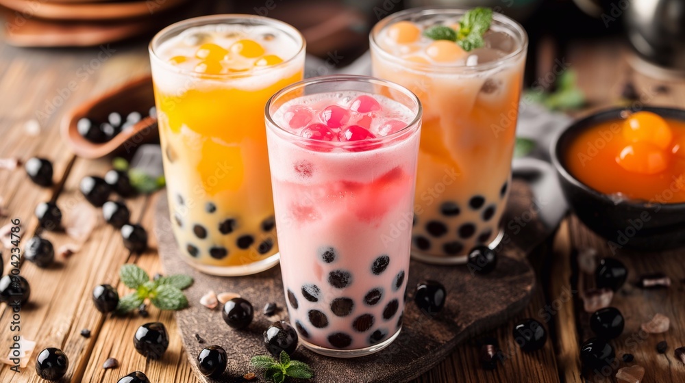 Colourful fresh bubble tea boba glasses with tapioca pearls on wooden background Colourful fresh bubble tea boba glasses with tapioca pearls on wooden background
