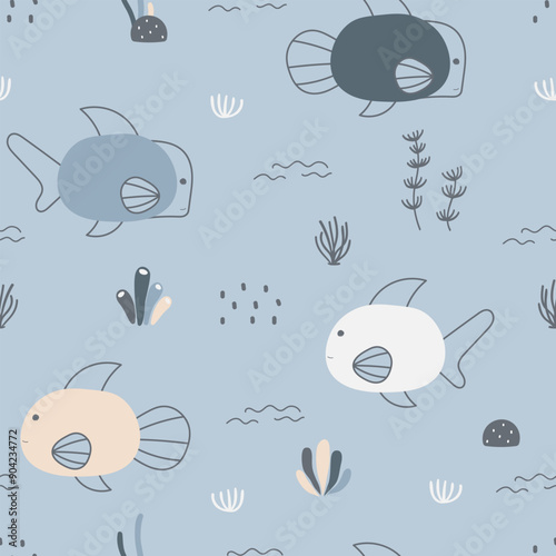 Childish seamless pattern with cute fish. Underwater and sea animal background. Used for fabric, textile, wallpaper, wrapping, kids apparel design. Vector illustration