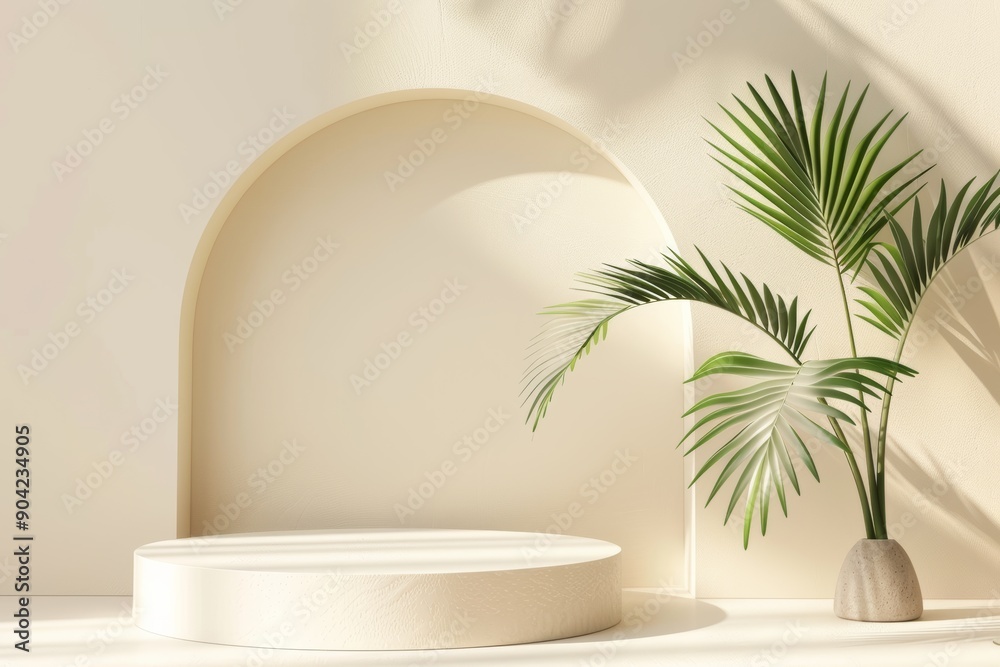 Podium adorned with palm leaves on a vibrant stage Podium adorned with palm leaves on a vibrant stage