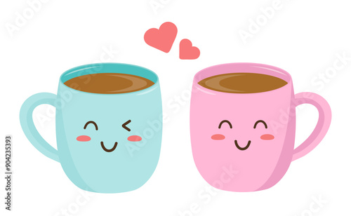 Kawaii style. Pink and blue coffee mugs. Isolated on white background. Vector illustration.	
