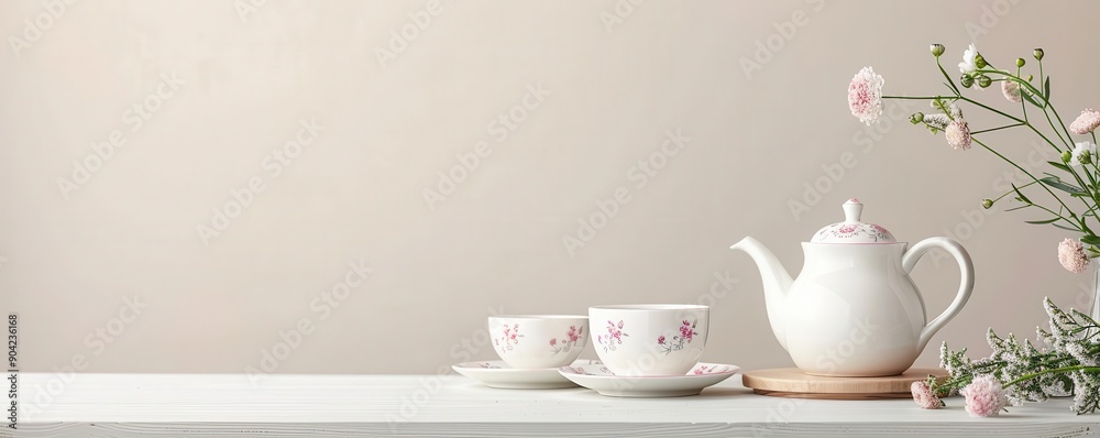 Elegant tea set with floral design on a clean table, perfect for a cozy afternoon tea or stylish decoration. Elegant tea set with floral design on a clean table, perfect for a cozy afternoon tea or stylish decoration.