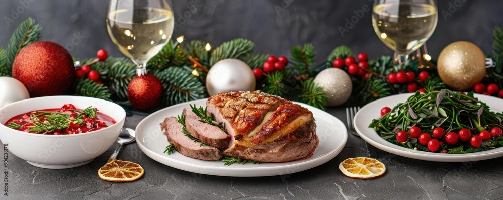Christmas dinner, festive table, cozy atmosphere, Watercolor style