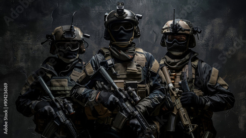 Three soldiers stand in front of a wall, all wearing black and brown uniforms