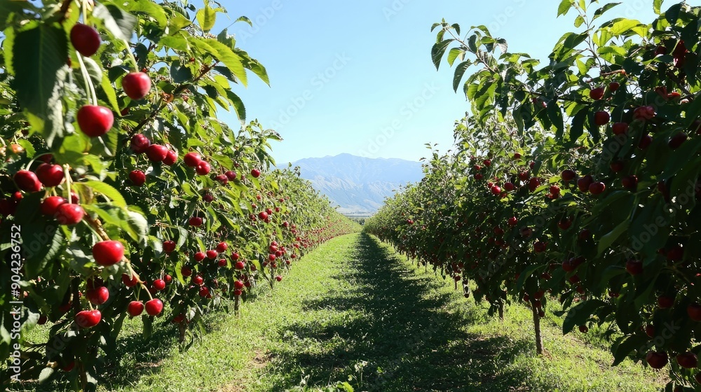 A lush fruit orchard with rows of cherry trees full of ripe cherries, under a clear blue sky. A lush fruit orchard with rows of cherry trees full of ripe cherries, under a clear blue sky.