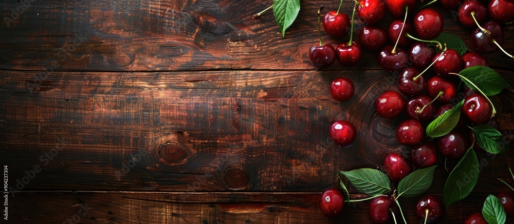 Fresh ripe cherries with leaves on a textured wooden background a pile of sweet organic cherries suitable for vegans and health conscious individuals with space for text a copy space image
