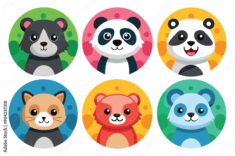 Six Cute Cartoon Animals in Colorful Circles