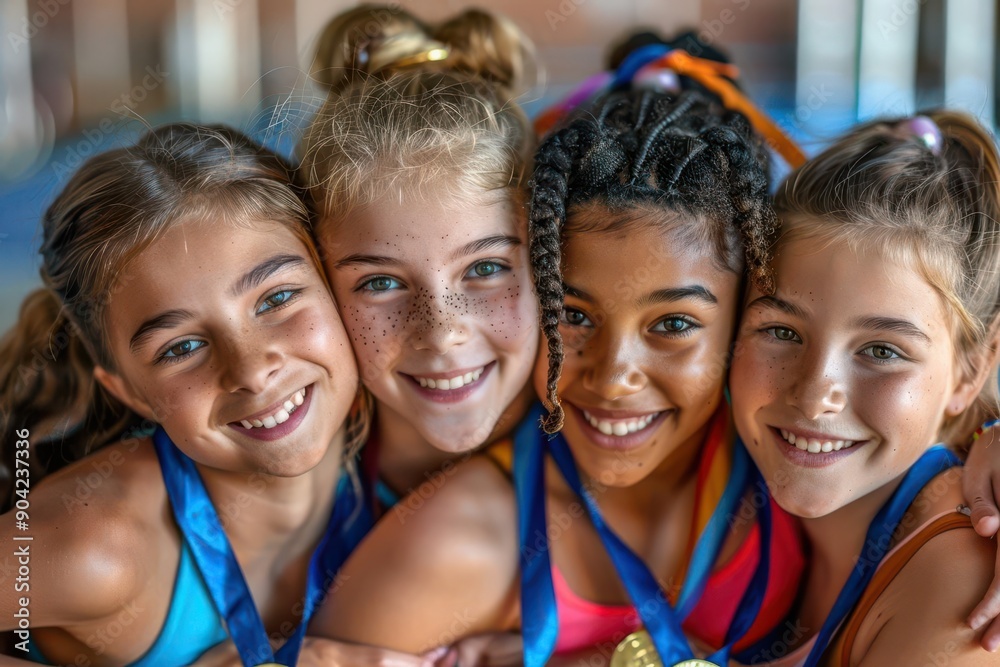 Fototapeta premium Four young girls with medals smile for the camera. They appear to be happy and proud of their accomplishments.