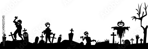 Halloween silhouette. Cemetery with graves and zombies, a scarecrow with a pumpkin head, an old dry tree.  Vector illustration.