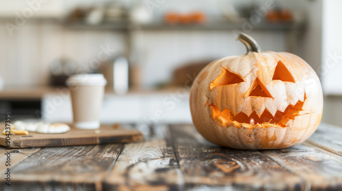 A pumpkin with a scary face is sitting on a wooden table photo