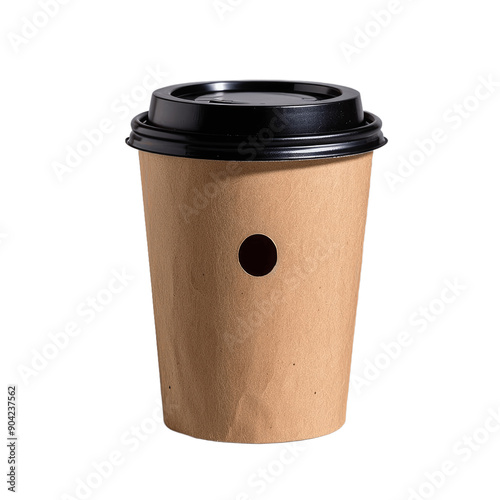 Craft paper cup with a black lid isolated on transparent background