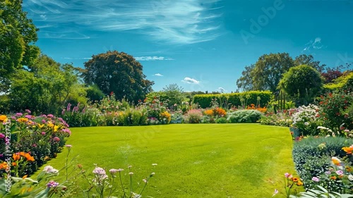 beautiful summer garden in full bloom, with vibrant flowers and lush greenery under a clear blue sky