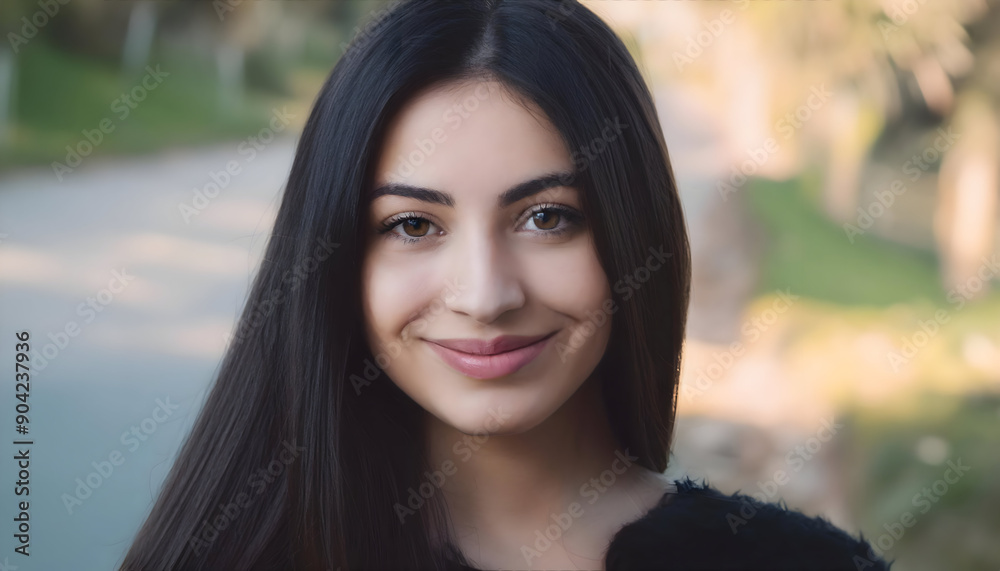 Attractive young woman long dark hair smiling gently on digital art concept, Generative AI. Attractive young woman long dark hair smiling gently on digital art concept, Generative AI.