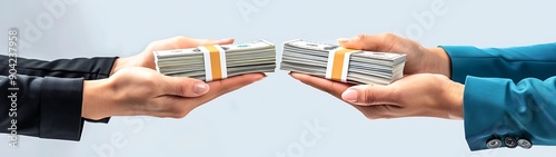 International Equal Pay Day illustration, semi close-up of hands holding equal cash stacks, more clarity with clear light and sharp focus, high detailed