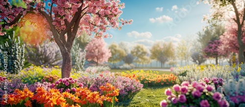 Blooming garden flowers including Simpor tree blossoms create a picturesque scene with a copy space image available photo