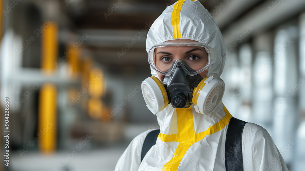 Woman in a hazmat suit with a respirator mask, standing in an industrial setting, emphasizing safety and protection. Woman in a hazmat suit with a respirator mask, standing in an industrial setting, emphasizing safety and protection.