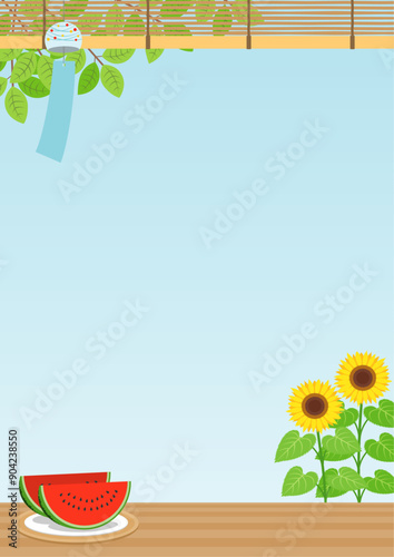 夏をイメージした風鈴とひまわりとスイカの背景_縦

