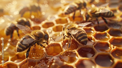 Bees on Honeycomb Cells photo