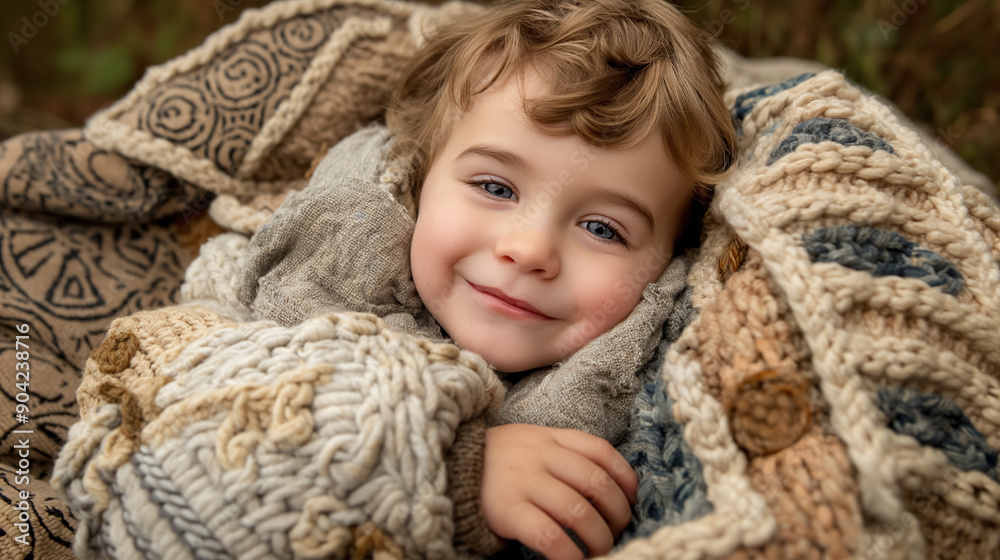 Adorable child wrapped in cozy knitted blankets, smiling sweetly with a look of warmth and comfort, set in a rustic environment. Adorable child wrapped in cozy knitted blankets, smiling sweetly with a look of warmth and comfort, set in a rustic environment.