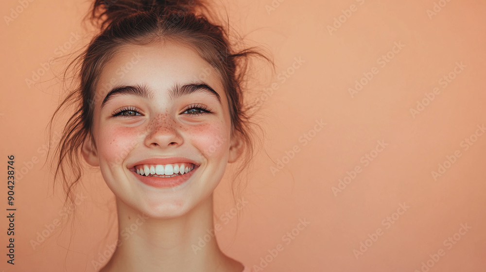 Smiling girl with a light peach background Smiling girl with a light peach background