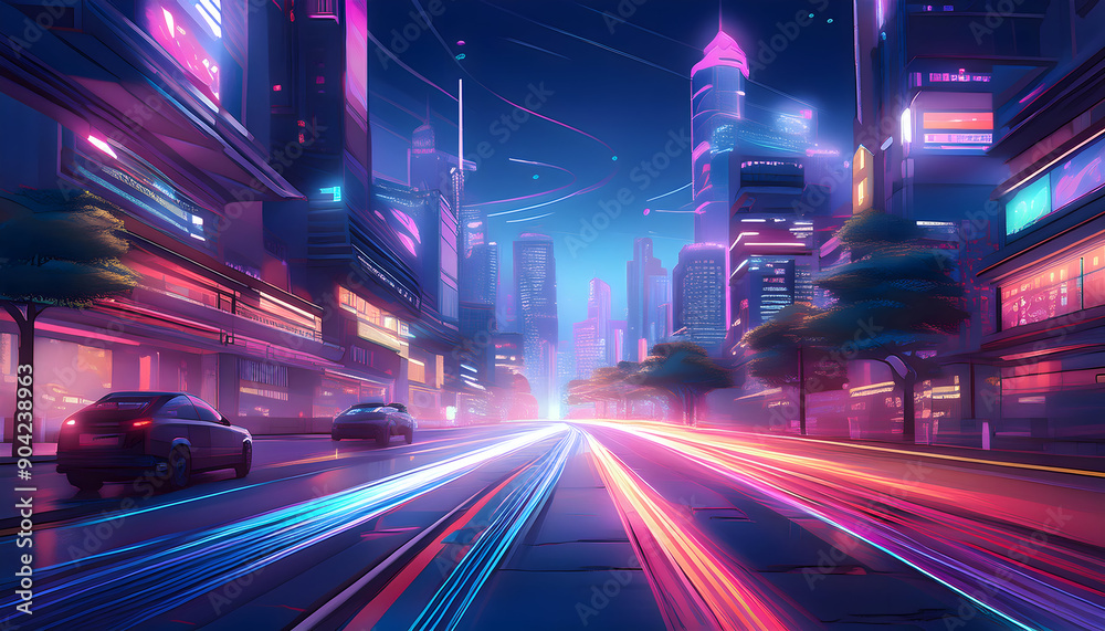 Fototapeta premium The street wonders streams of light trails, Generative AI.