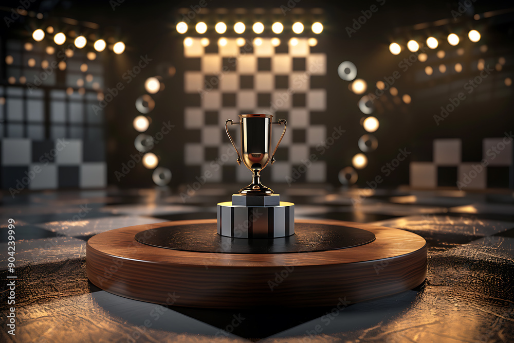 A 3D podium with a concept victory theme, featuring elements such as a trophy cup and celebratory decor. The design highlights the podium as the focal point, emphasizing the triumph and achievement, i A 3D podium with a concept victory theme, featuring elements such as a trophy cup and celebratory decor. The design highlights the podium as the focal point, emphasizing the triumph and achievement, i