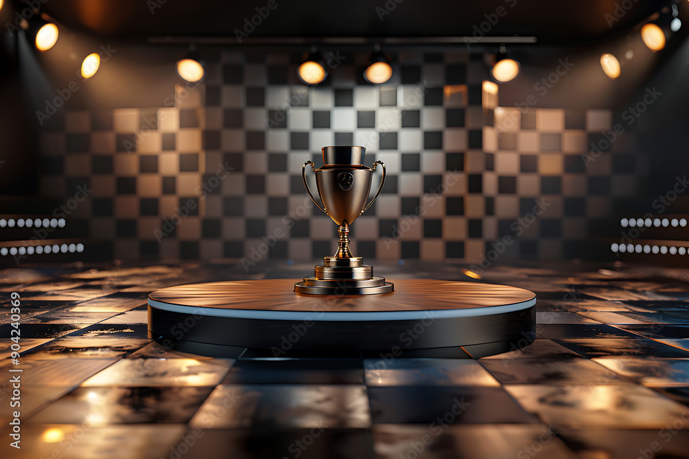 A 3D podium with a concept victory theme, featuring elements such as a trophy cup and celebratory decor. The design highlights the podium as the focal point, emphasizing the triumph and achievement, i A 3D podium with a concept victory theme, featuring elements such as a trophy cup and celebratory decor. The design highlights the podium as the focal point, emphasizing the triumph and achievement, i