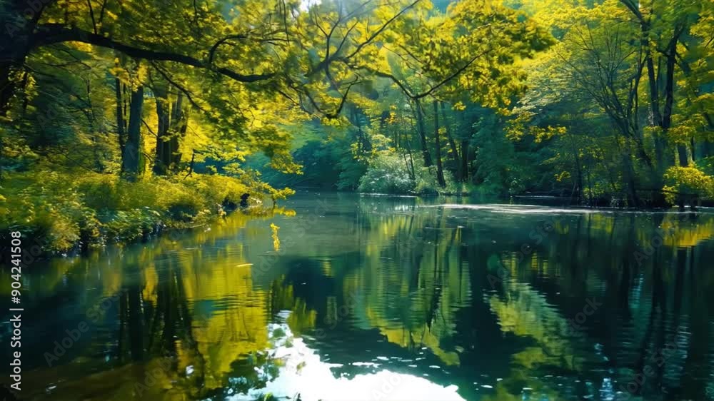 calm and peaceful river with reflections of the surrounding trees