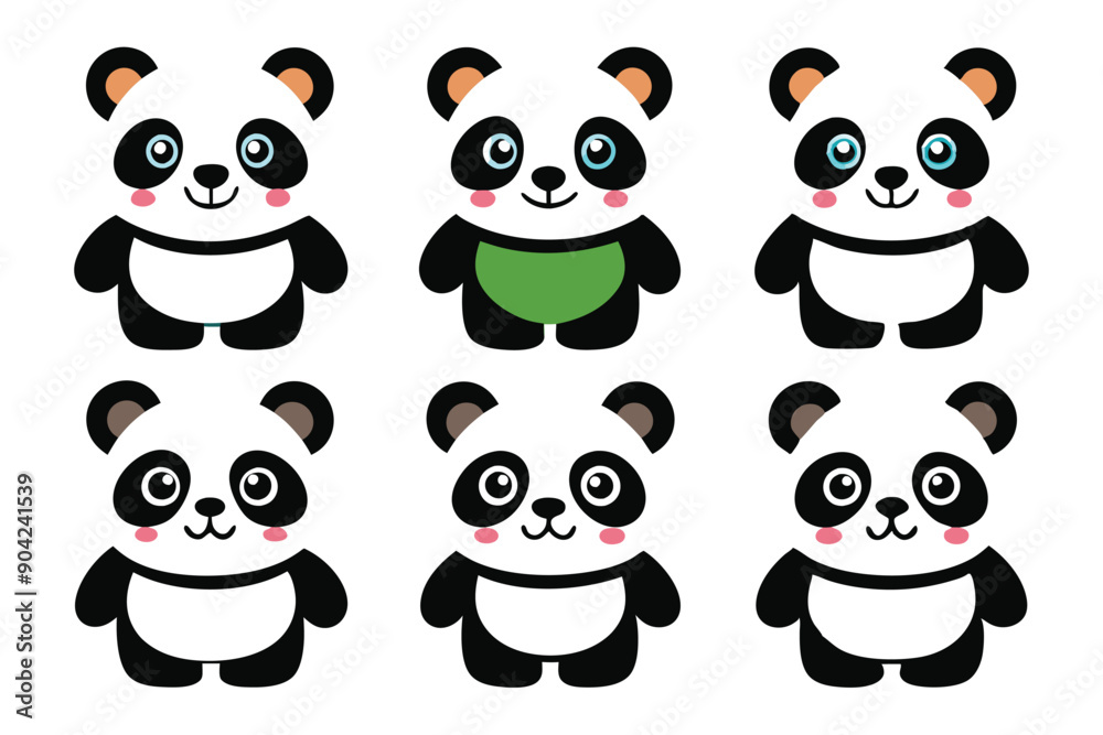 Six Cartoon Pandas with Variations in Color and Design Six Cartoon Pandas with Variations in Color and Design