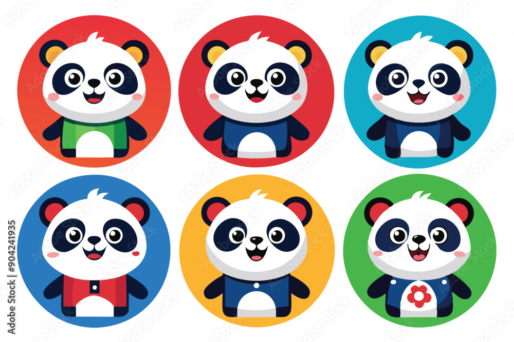 Six Cartoon Pandas with Different Outfits in Colorful Circles Six Cartoon Pandas with Different Outfits in Colorful Circles